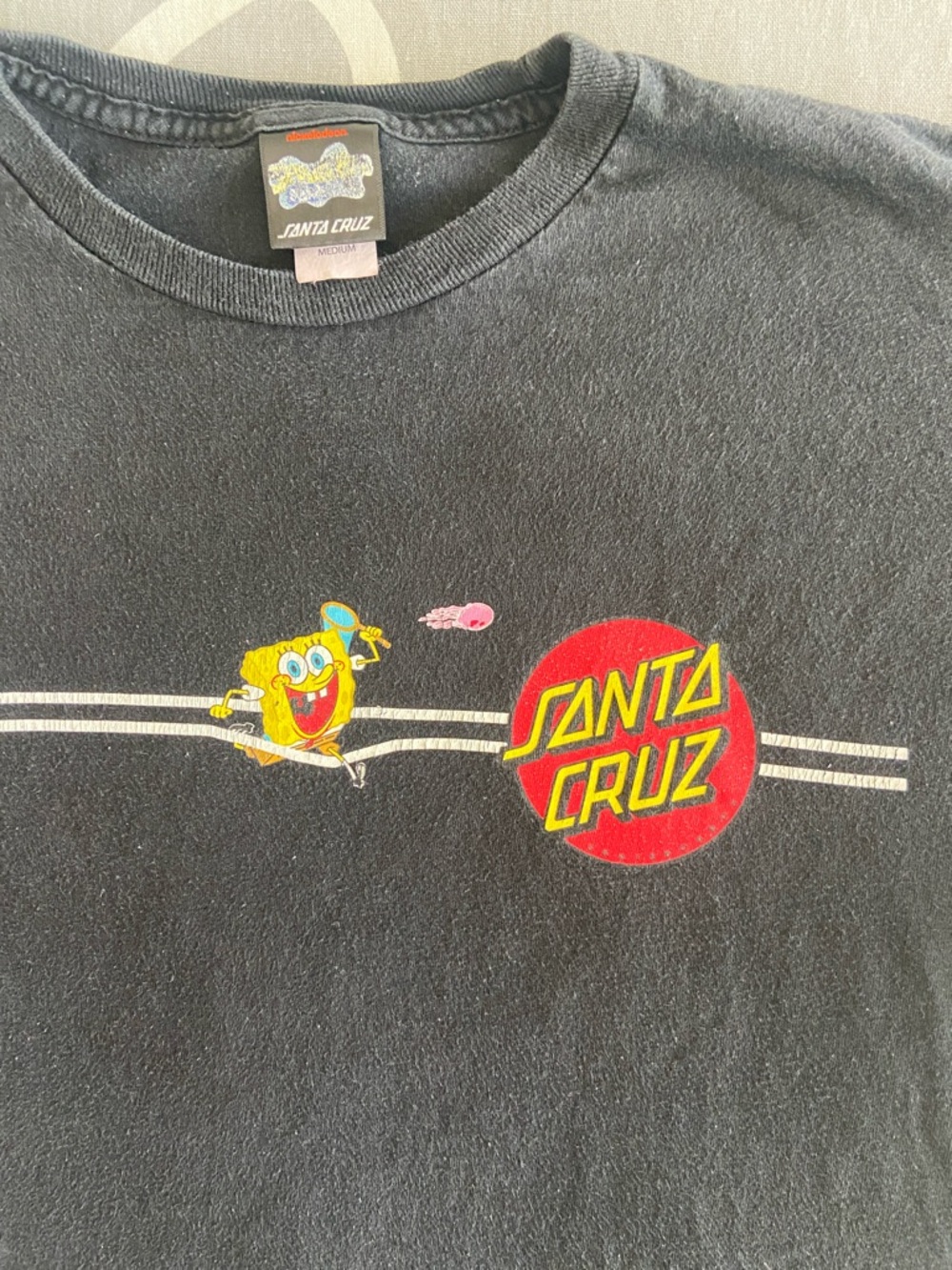 Santa Cruz Skateboards Black Tee with Yellow SpongeBob and Red Logo